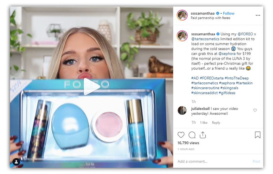 samantha ravndahl on instagram advertising the foreo brand