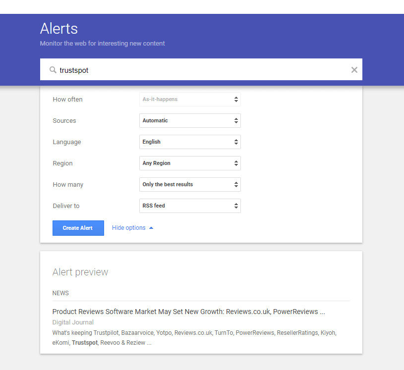 TrustSpot on Google Alerts